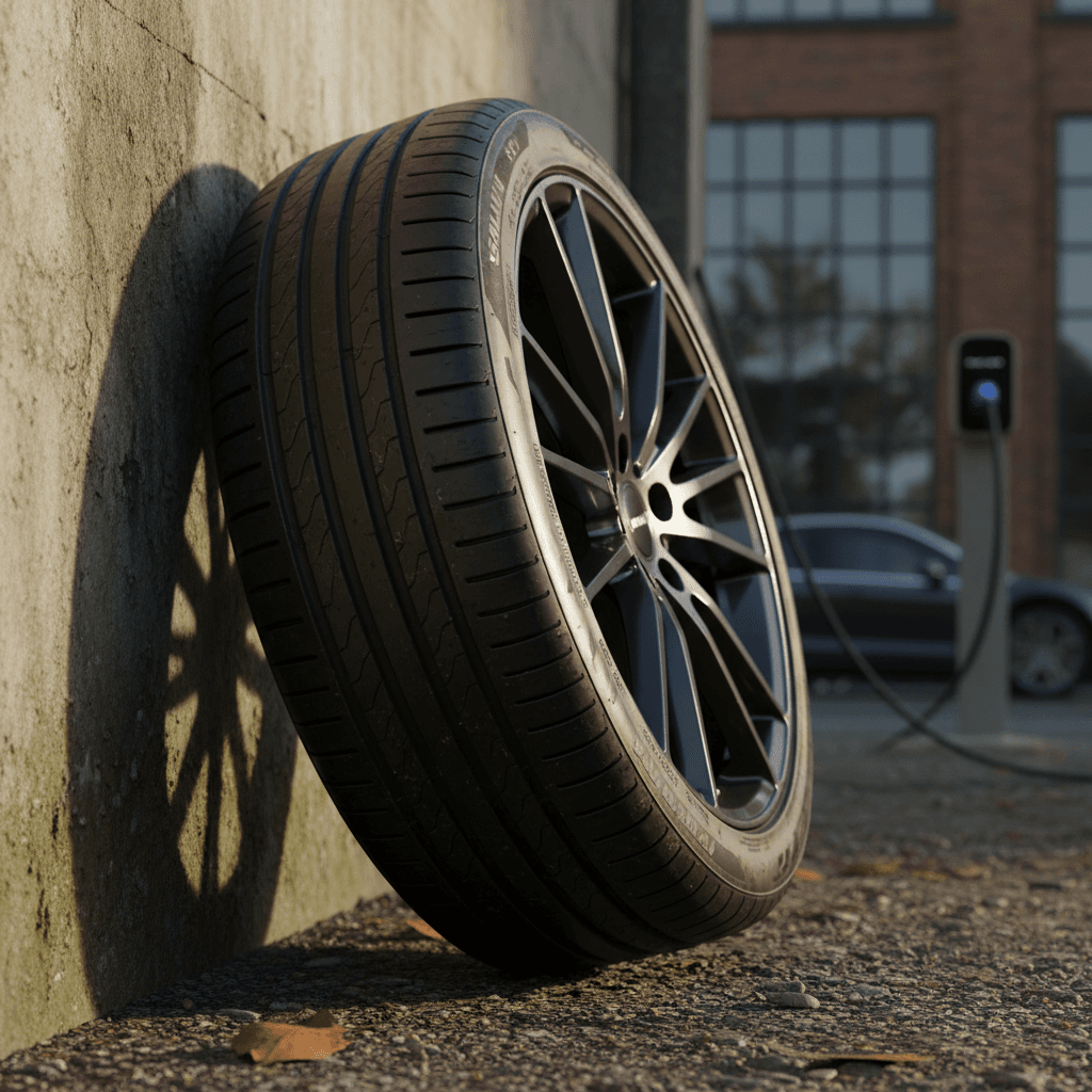 Closeup of an electric vehicle tire and wheel on pavement