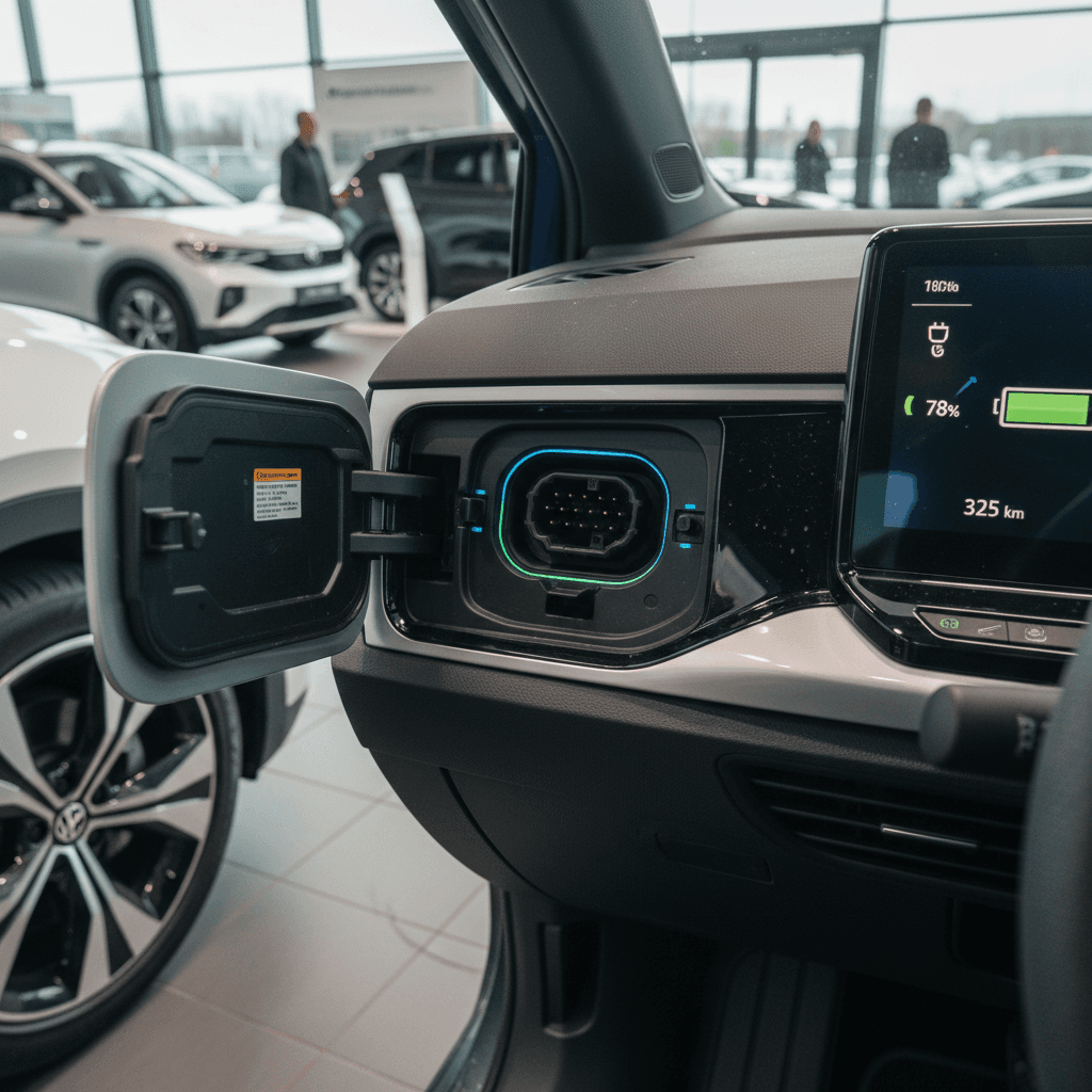 Technician checking the battery health and charging status of a Volkswagen ID.4 before resale