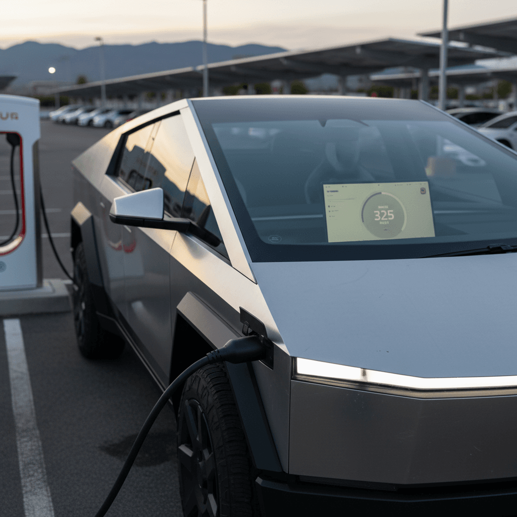 2024 Tesla Cybertruck plugged into a Supercharger with range displayed on the central touchscreen, highlighting real-world range testing