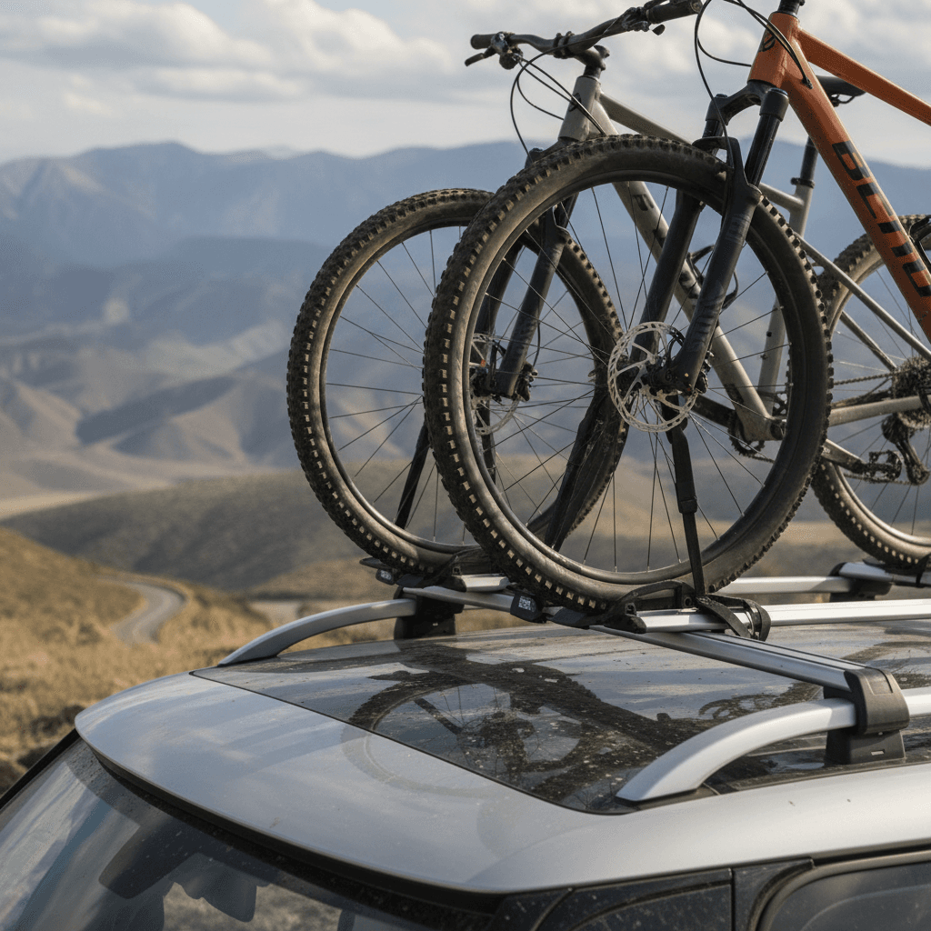 Volkswagen ID. Buzz with factory roof rails and crossbars carrying bicycles on a scenic overlook