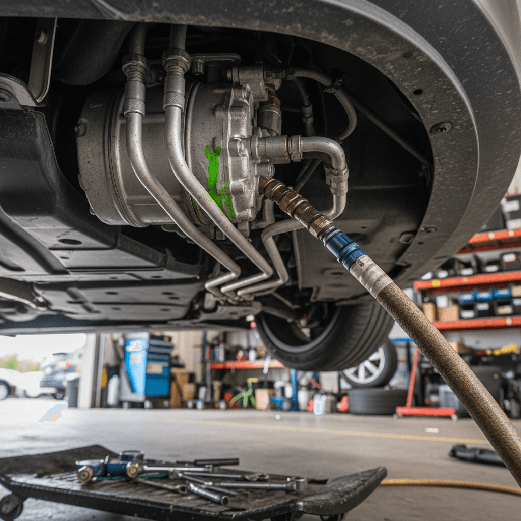 Closeup of car dashboard climate control panel with A/C settings highlighted
