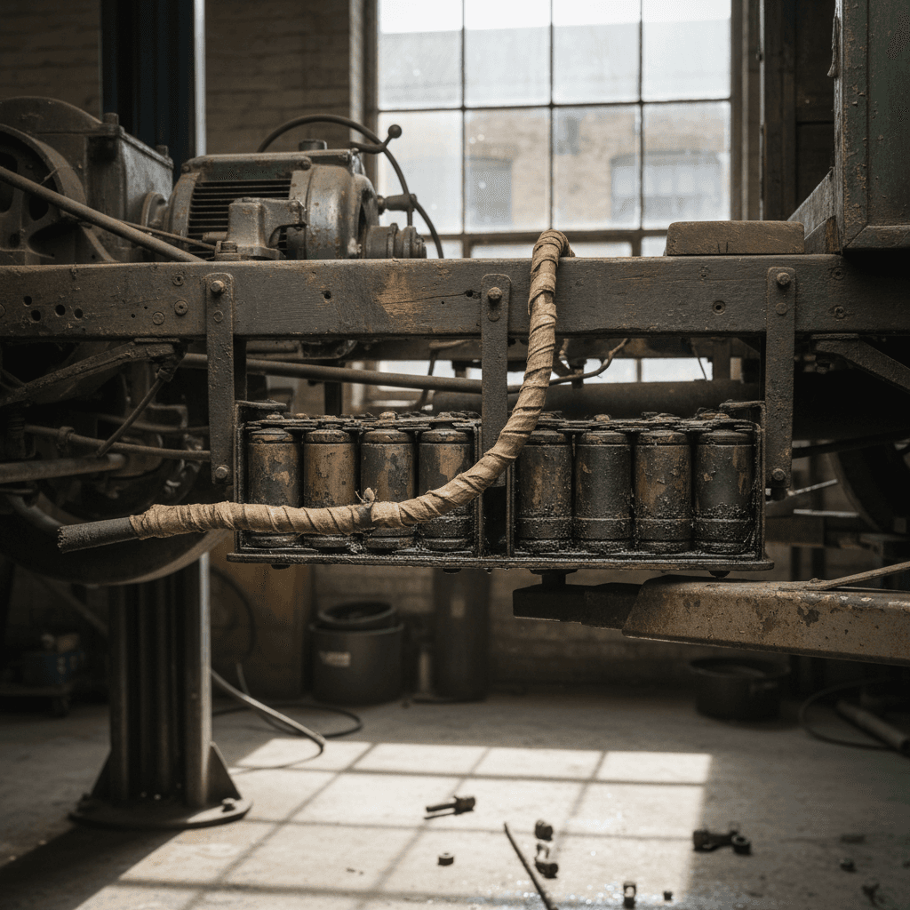 Black-and-white photo of an early electric carriage with large wagon wheels in a city street.