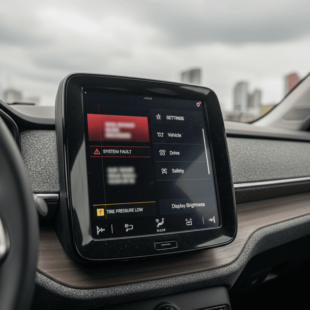 Close-up of 2024 Volvo EX30 touchscreen with multiple warning icons and settings displayed