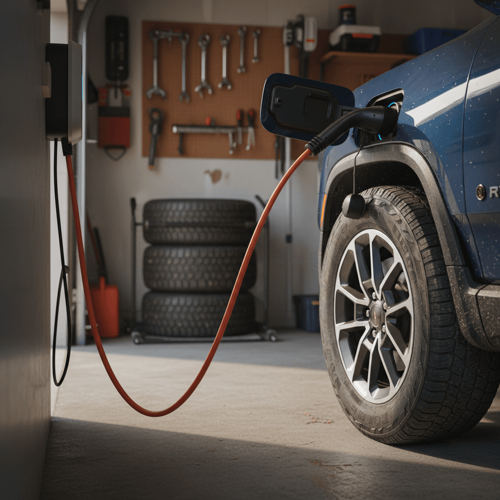 Rivian R1S front wheel and charging port plugged into a home Level 2 charger in a residential driveway