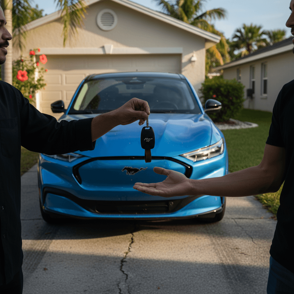 Owner and buyer completing paperwork next to a Ford Mustang Mach-E in a sunny Florida driveway