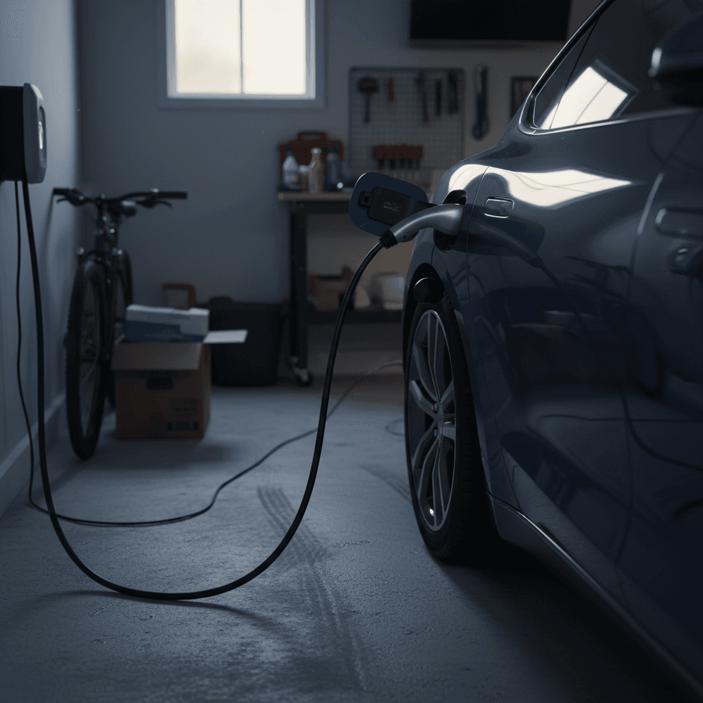 Electric sedan charging in a quiet home garage before an early morning commute