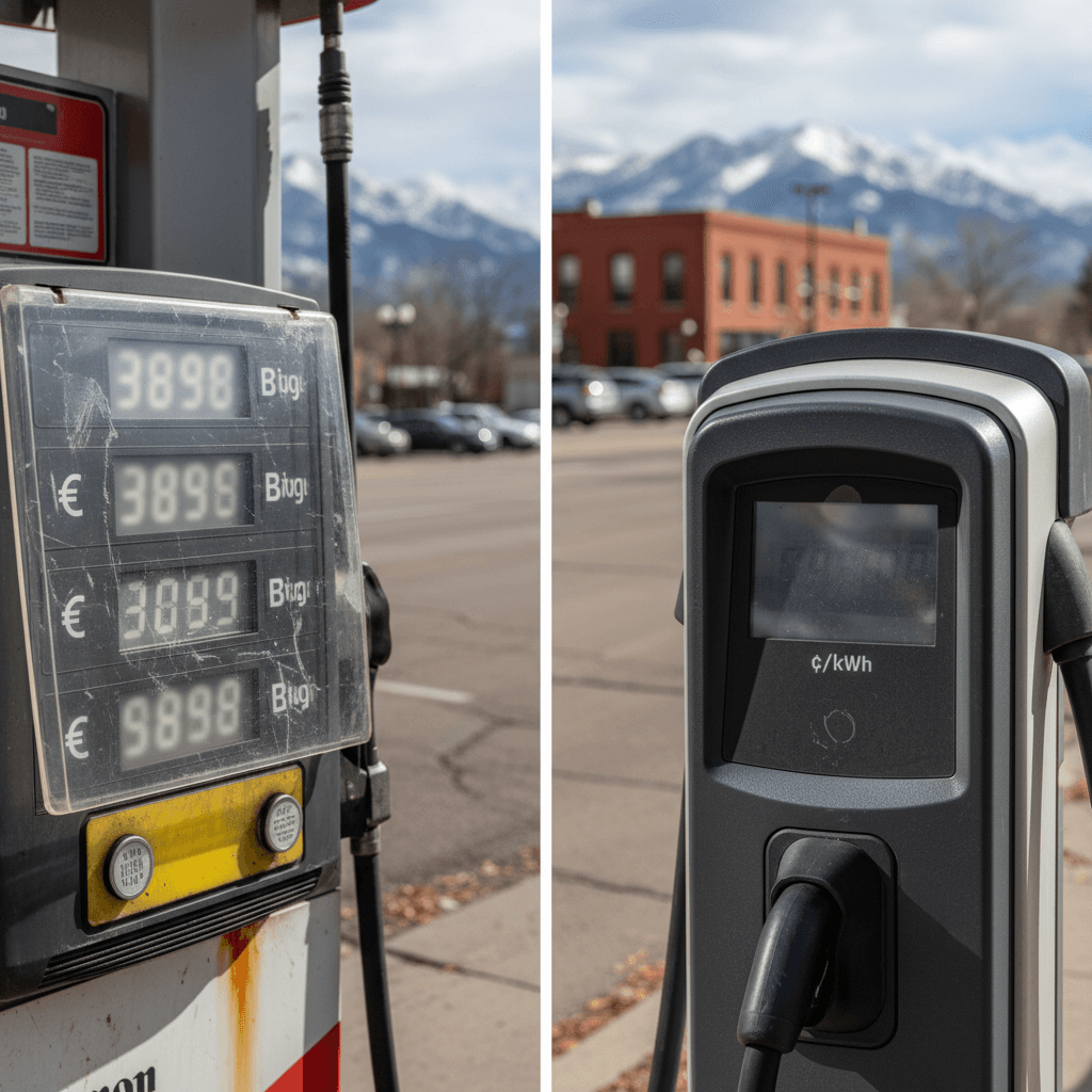 Side‑by‑side view of a Denver gas station price sign and an EV charger screen showing cents per kWh.