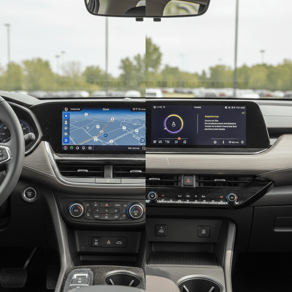 Side-by-side interiors of Chevrolet Equinox EV and Nissan Ariya highlighting seating and infotainment layouts