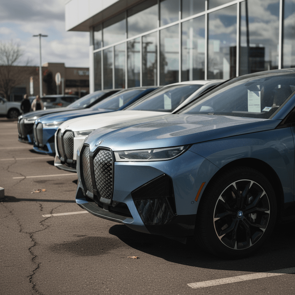Line of used BMW iX electric SUVs parked at a dealership lot, highlighting resale values and depreciation