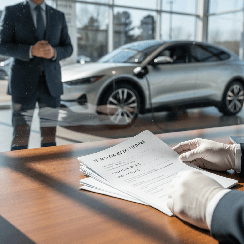 Salesperson and customer reviewing New York Drive Clean rebate line item on electric vehicle purchase contract in dealership office