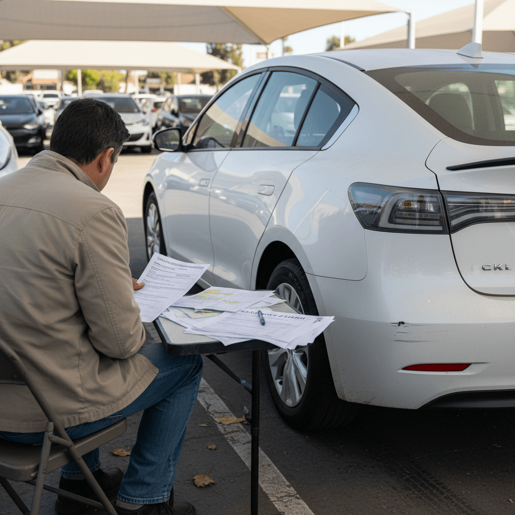California buyer discussing income-based EV grant options with an advisor next to a used electric car