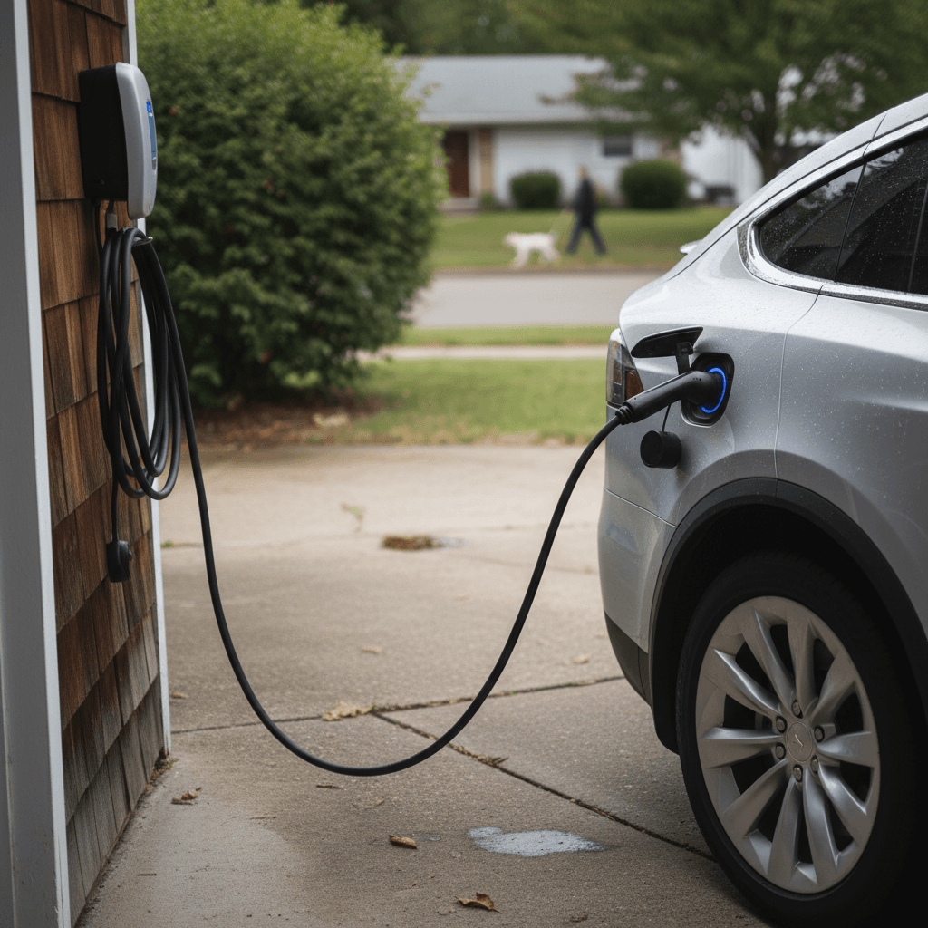 Used 2019 Tesla Model X plugged in and charging in a home driveway