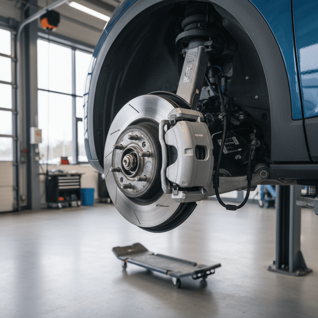 Volkswagen ID.4 on a lift with a technician inspecting the front brakes and tires