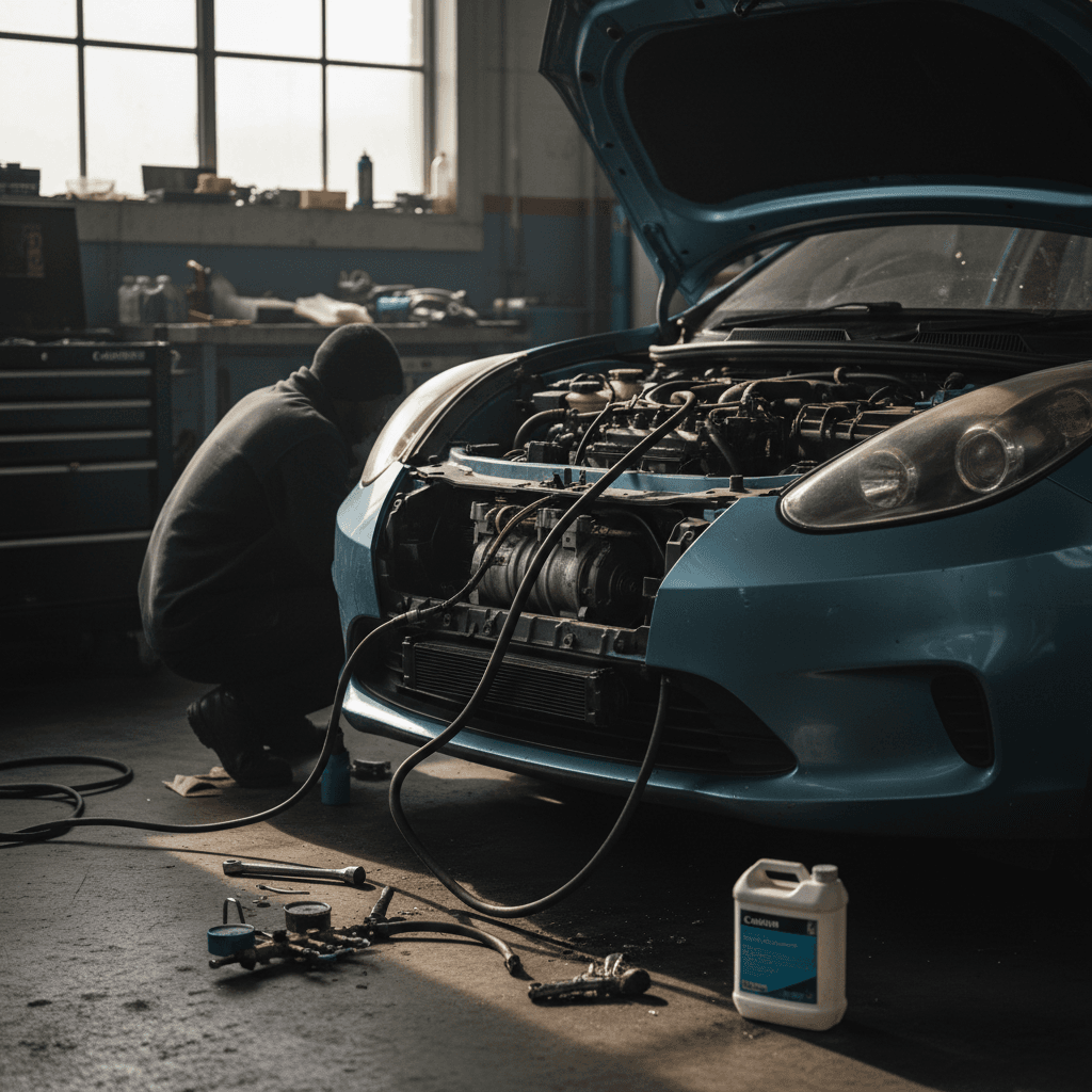 Electric vehicle parked in a service bay with a technician preparing to inspect its climate system