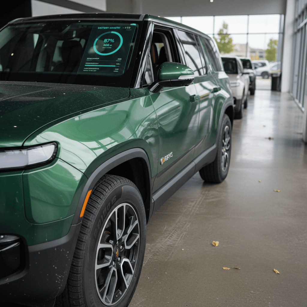 Used Rivian R1S parked at a dealership with a digital battery health report displayed