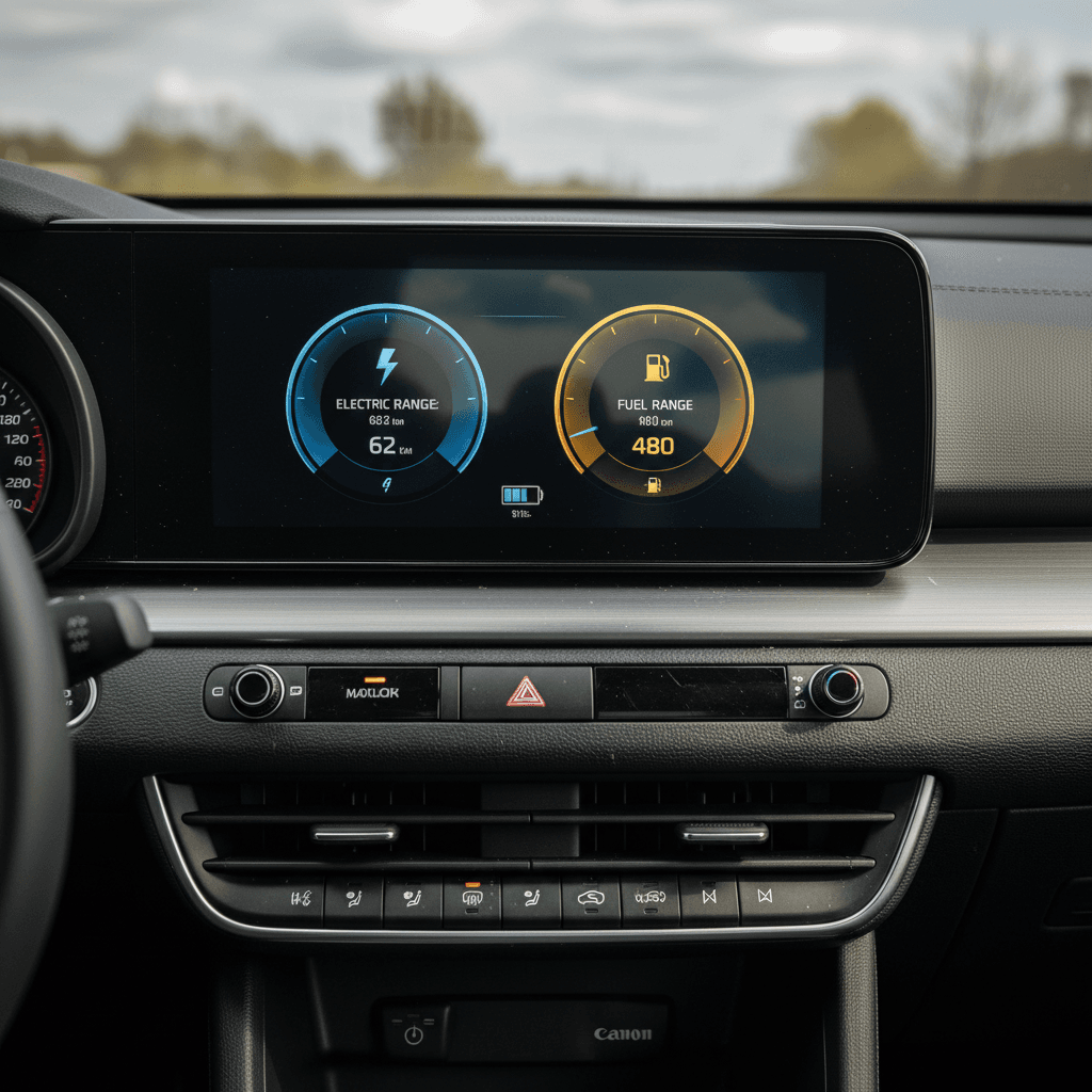 Instrument cluster of a plug-in hybrid SUV showing separate electric range and fuel range gauges side by side.