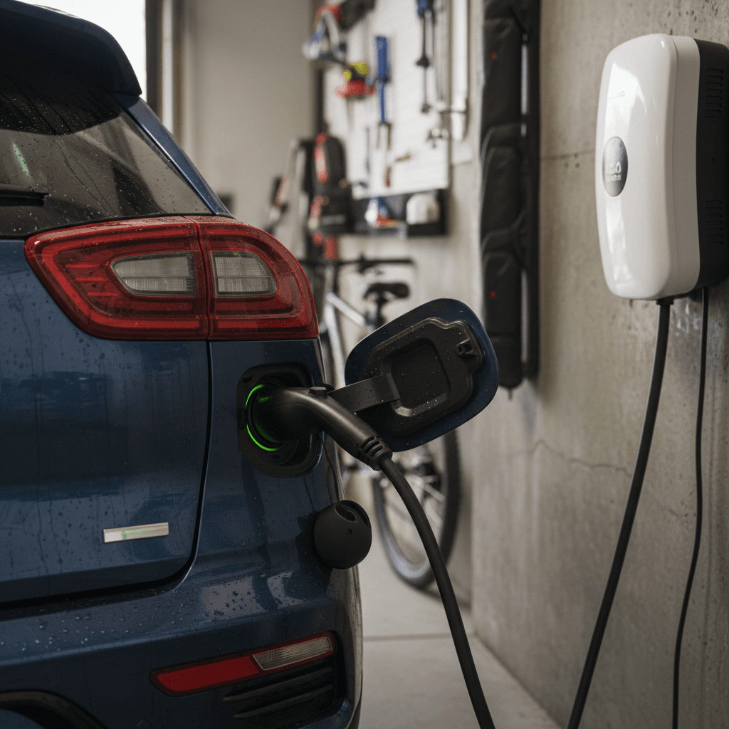 2023 Kia Niro EV plugged into a Level 2 home charger, illustrating daily charging and battery use