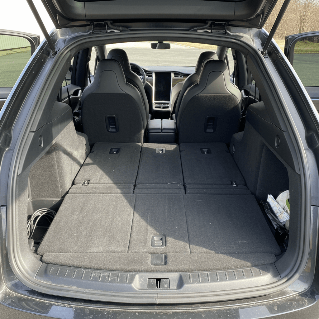 Overhead view of a Tesla Model X interior with rear seats folded flat to show full cargo floor length