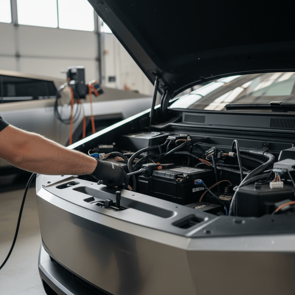 Technician removing trim panel in the Tesla Cybertruck front trunk area to reach the low‑voltage 12V battery module.
