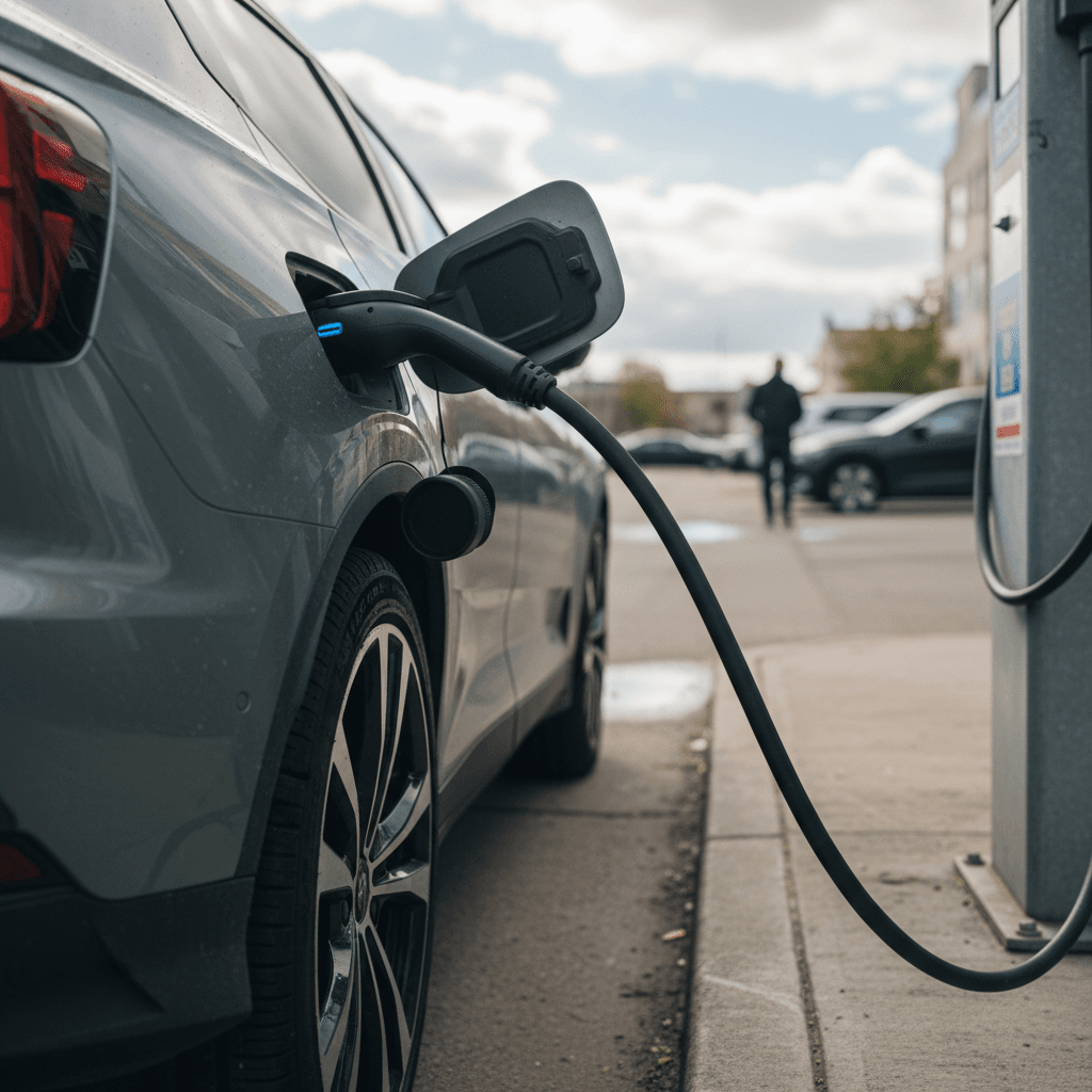 A 2025 Polestar 2 plugged into a public DC fast charger in an urban parking lot