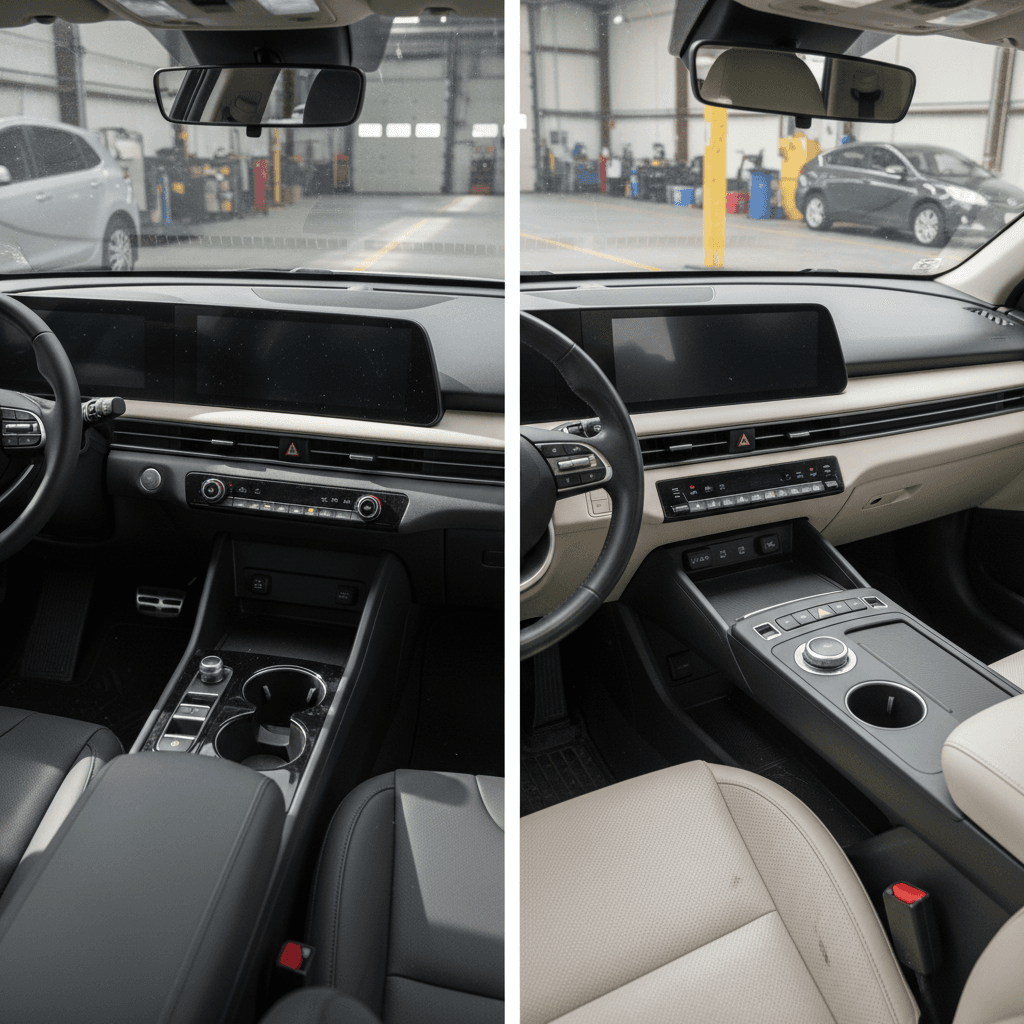 Side‑by‑side interiors of a used Kia EV6 and Hyundai Ioniq 5 showing dashboards and seating