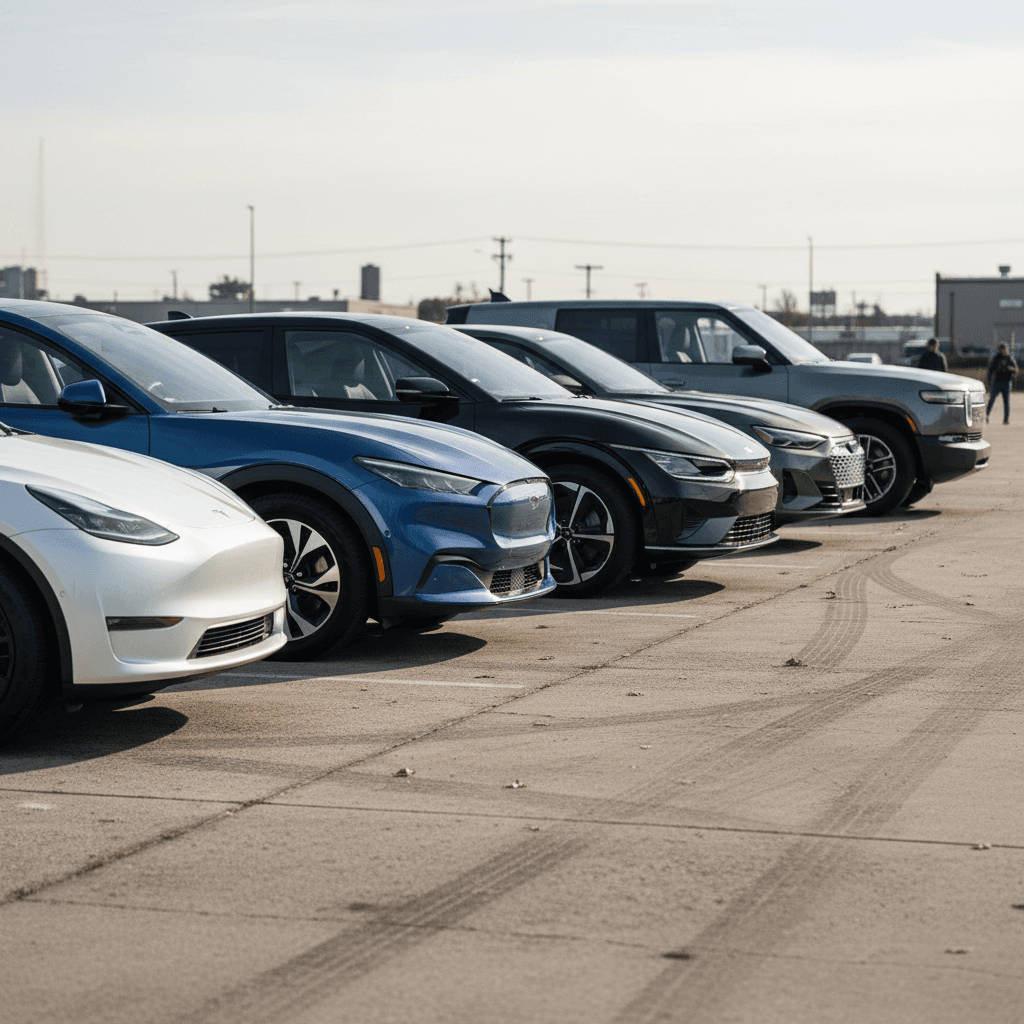 Lineup of popular AWD electric SUVs and cars parked on a lot, including a midsize crossover and a 3-row SUV