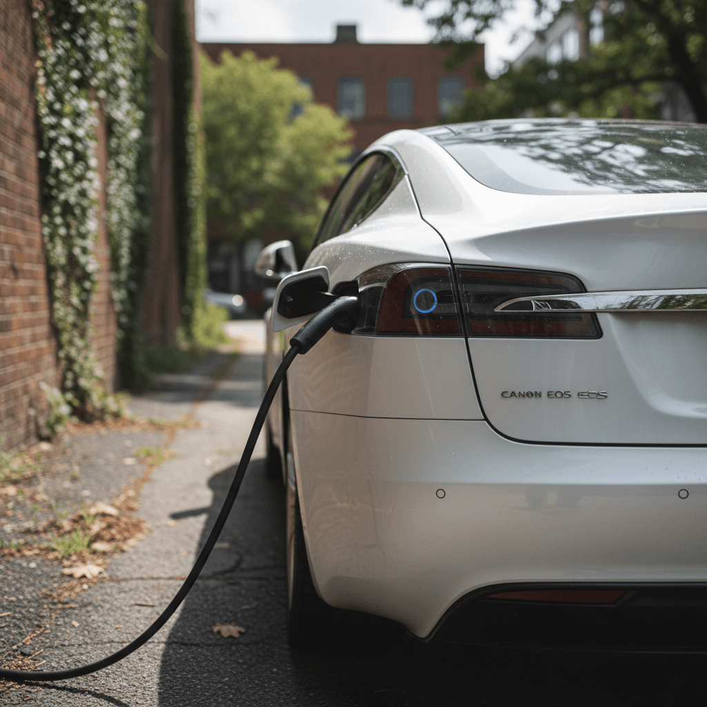 Rear quarter view of a 2020 Tesla Model S plugged into a charger, showing clean bodywork and wheels