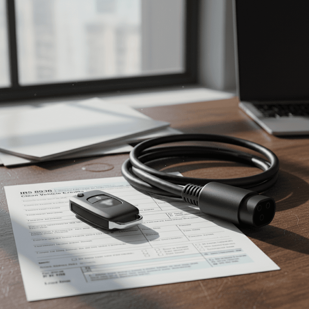 Form 8936 and a plug-in hybrid charging cable laid out on a desk