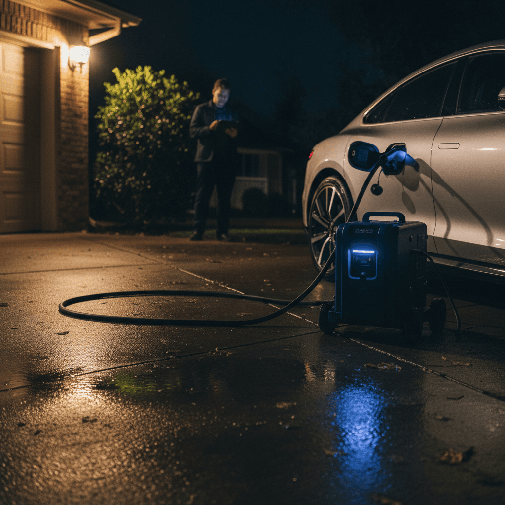 Electric vehicle parked in a driveway charging in the evening, representing convenient at-home EV charging