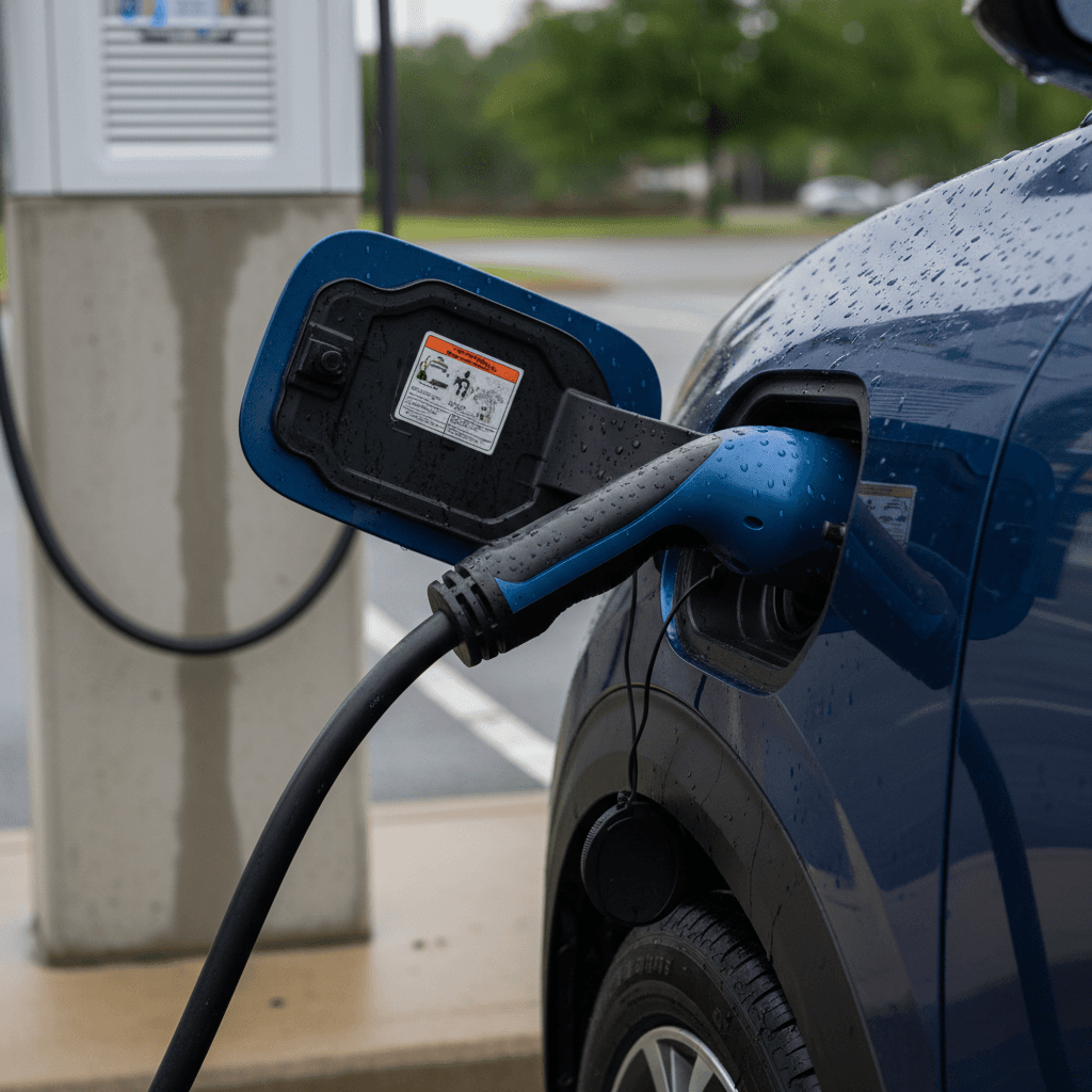 Charging connector plugged into a Kia Niro EV charge port during DC fast charging