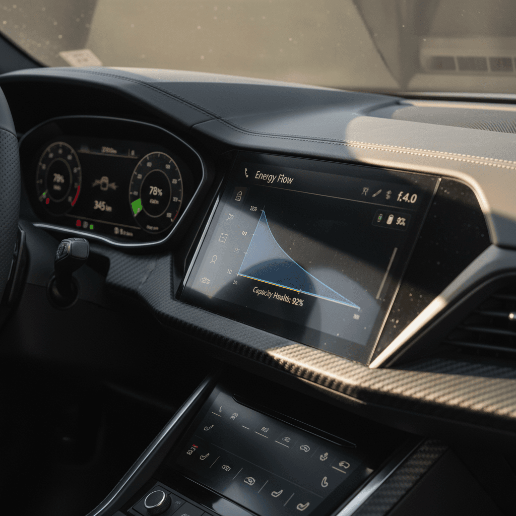 Audi e-tron GT interior showing digital dash with battery state of charge and range information on the center screen