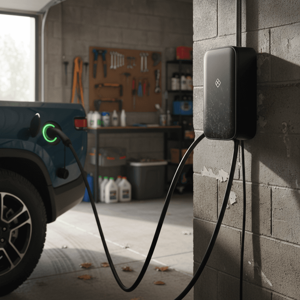 Rivian R1T charging from a wall-mounted Level 2 charger in a home garage