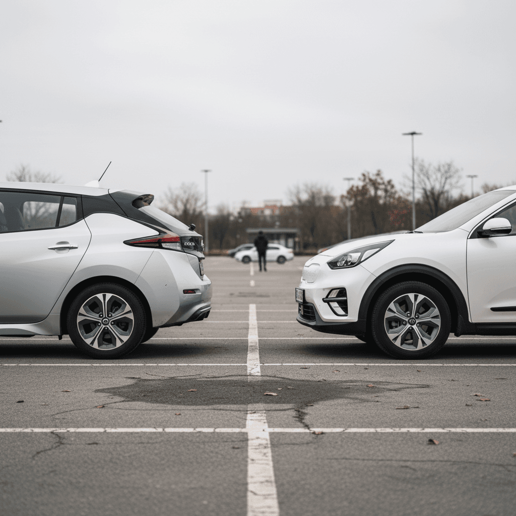 Side-by-side comparison of a Nissan Leaf hatchback and Kia Niro EV crossover parked in a lot, highlighting their size and shape differences