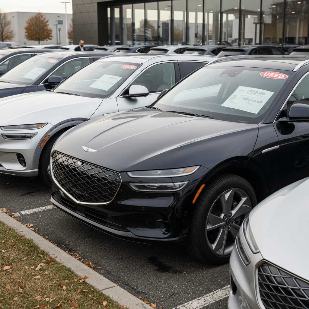 Row of used Genesis GV60 electric crossovers parked with visible price stickers, illustrating depreciation in the used EV market