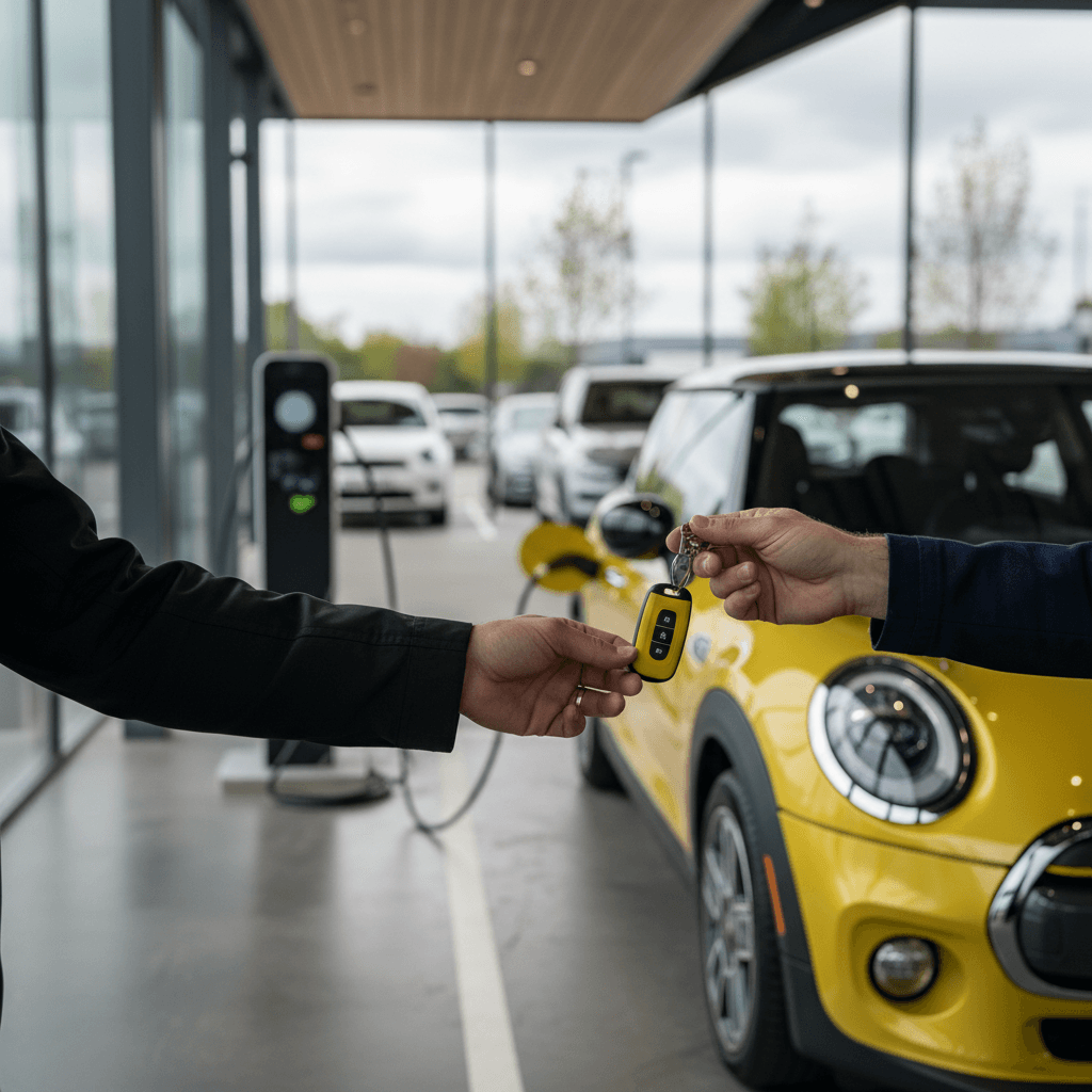 Mini Cooper SE being inspected at an EV-focused dealership with charging stations in the background