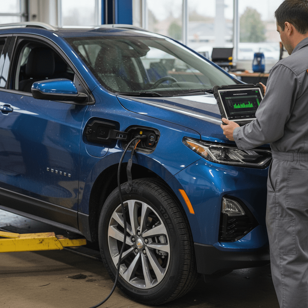 Technician inspecting a used 2025 Chevrolet Equinox EV at a dealership while checking battery health and diagnostics on a tablet
