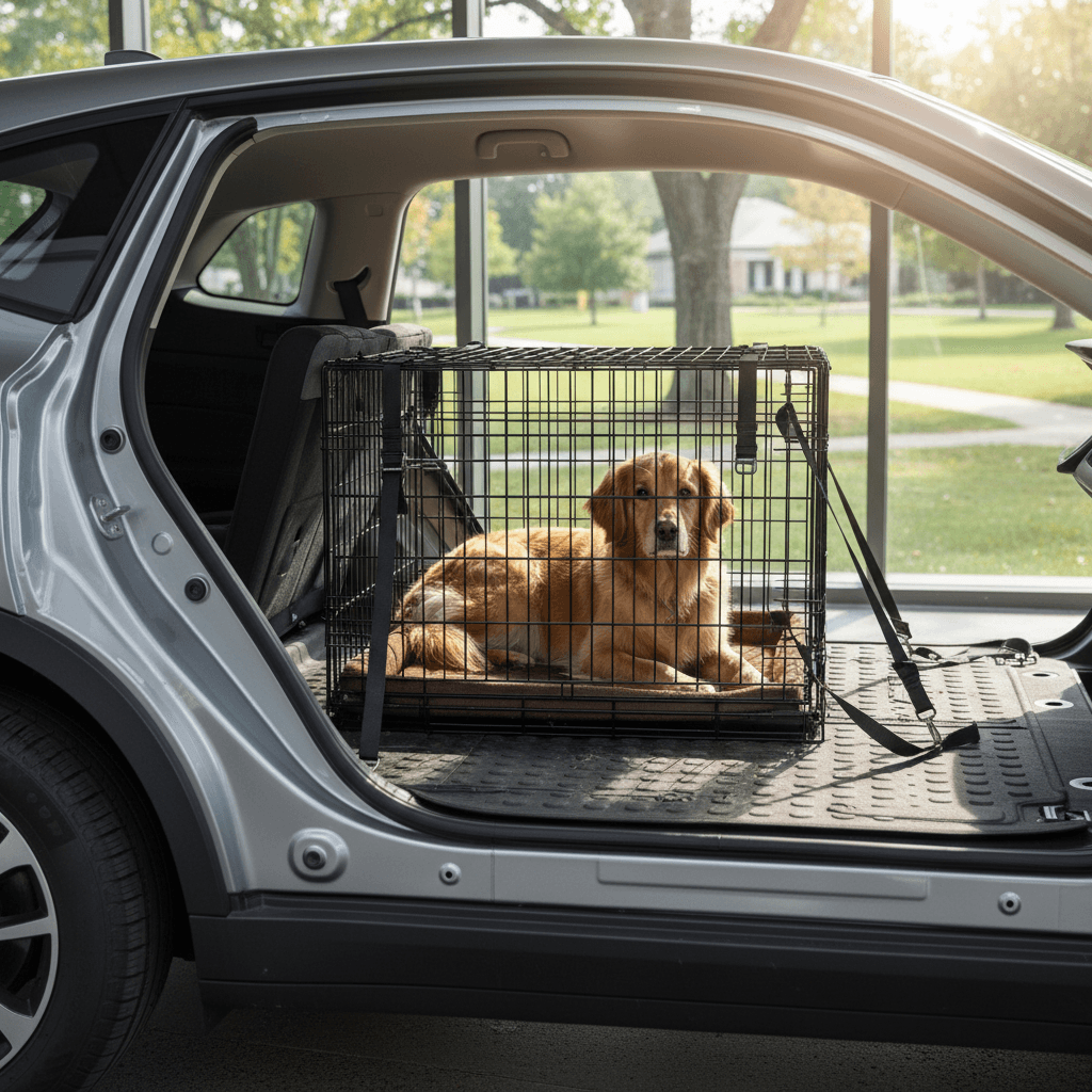 Side cutaway of an electric crossover with rear seats folded showing a flat cargo floor and a dog crate secured behind the second row.
