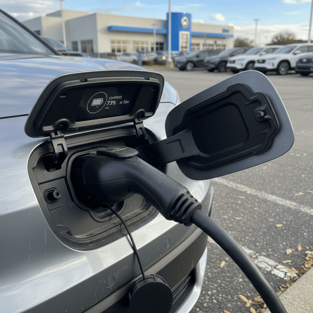 Used Honda Prologue parked at a dealership charger showing charge status screen