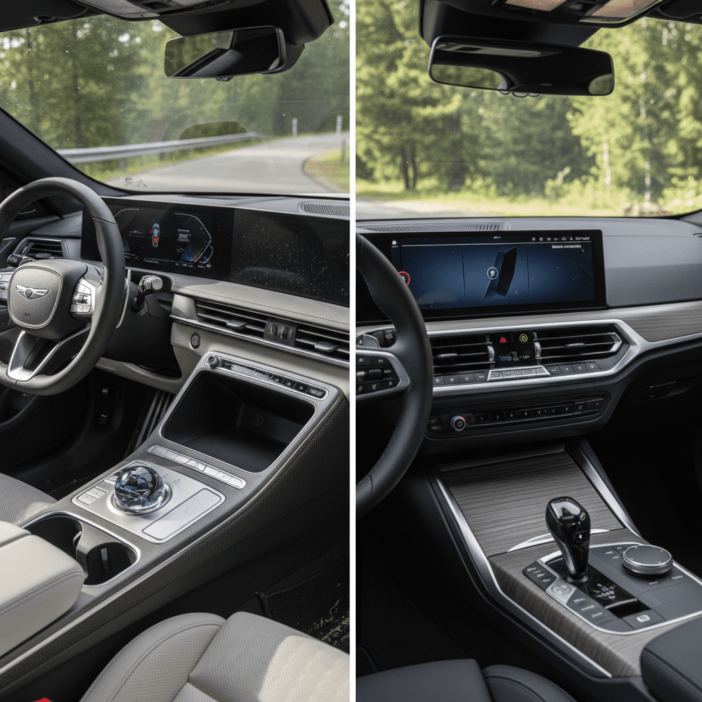 Side-by-side interior comparison of Genesis GV60 crossover and BMW i4 sedan dashboards