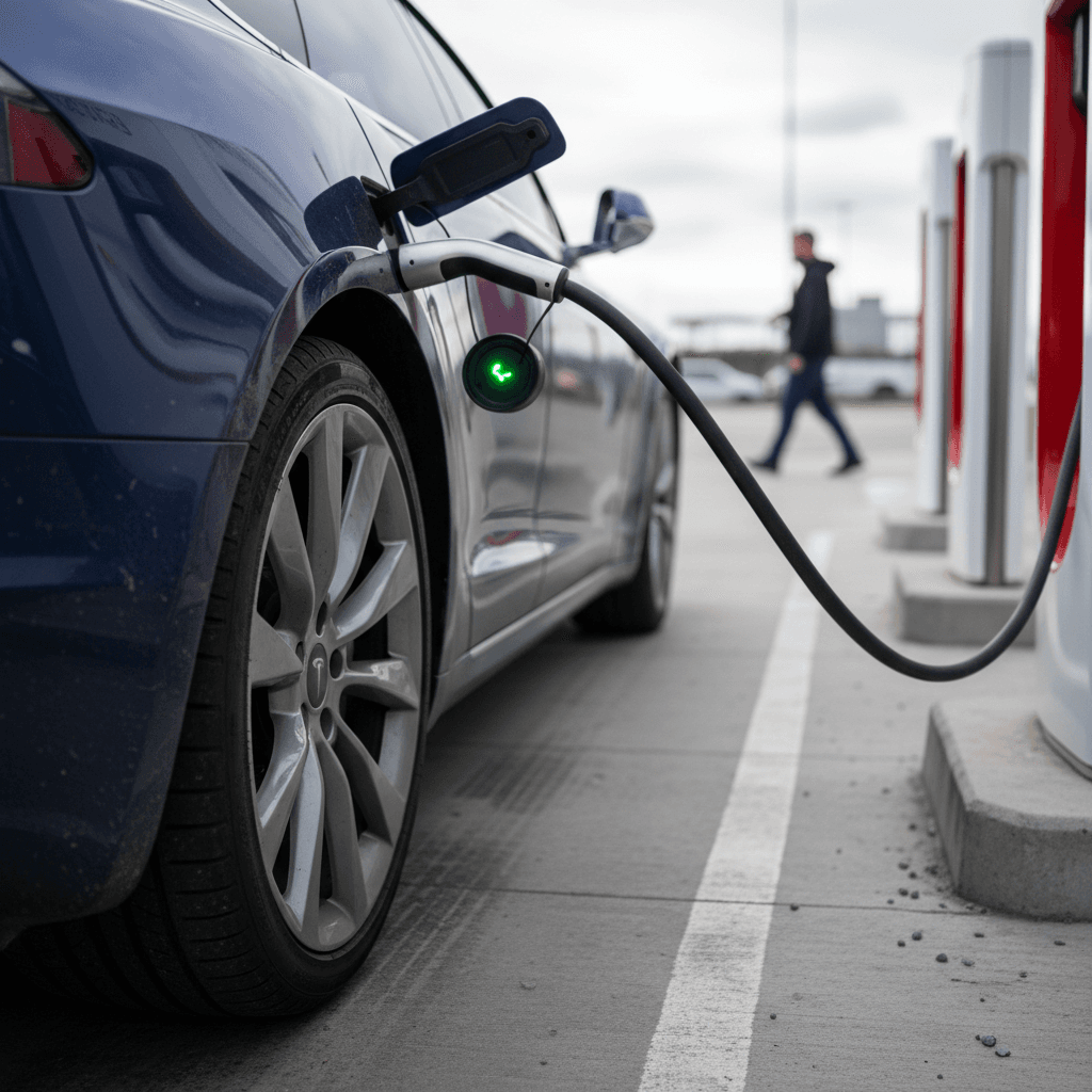 A 2023 Tesla Model S plugged into a Supercharger, highlighting its charging port and rear wheel at a modern station