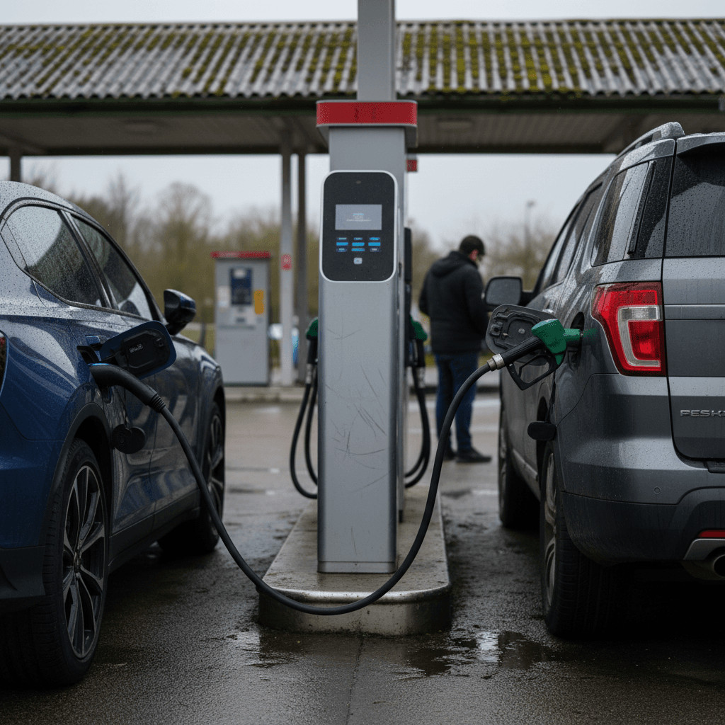Gas station with fuel pumps next to electric vehicle charging stations illustrating the transition from gas to electric cars