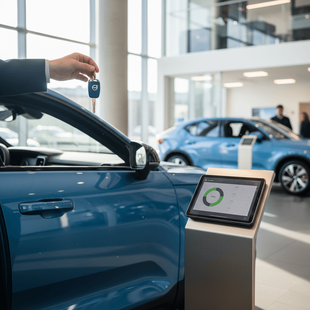Seller reviewing a detailed battery health and range report for a used Volvo C40 Recharge on a tablet while standing at a dealership.