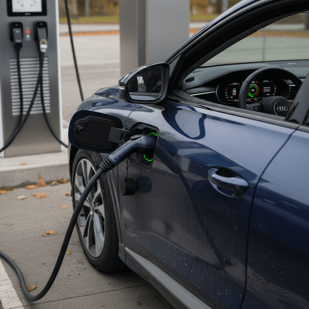 2022 Audi Q4 e-tron charging at a public DC fast charger, showing its compact SUV size and digital instruments