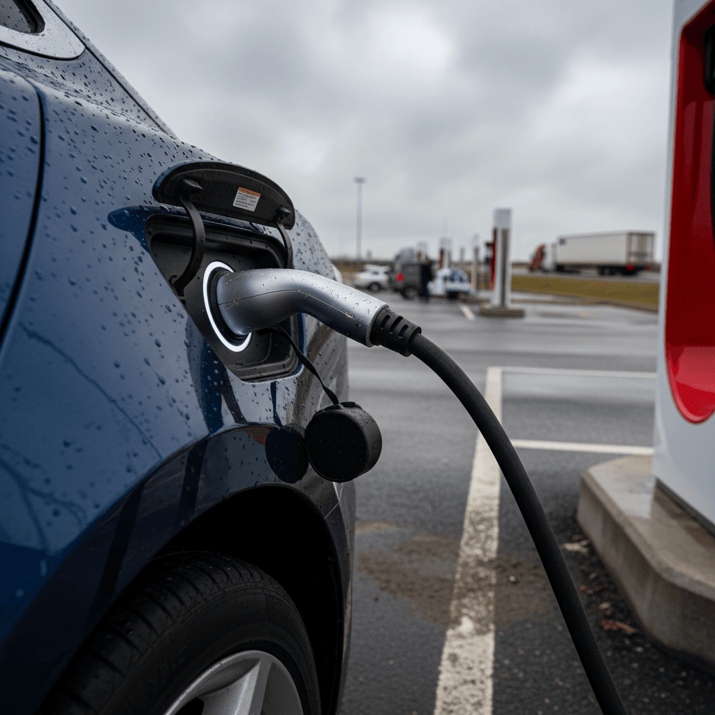 Tesla Model S plugged into a row of highway Superchargers during a road trip