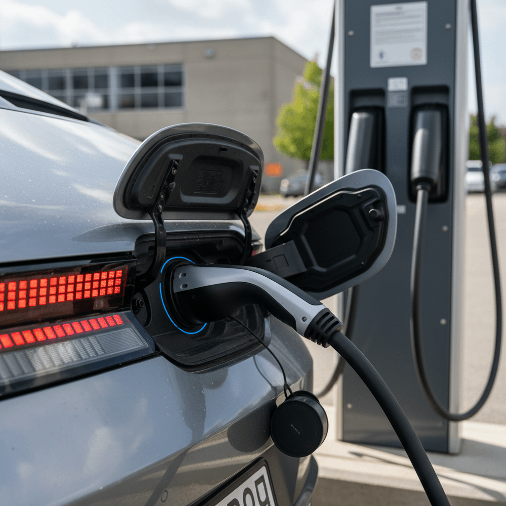 Hyundai Ioniq 6 plugged into a public DC fast charger, showing charging status on the rear fender light strip