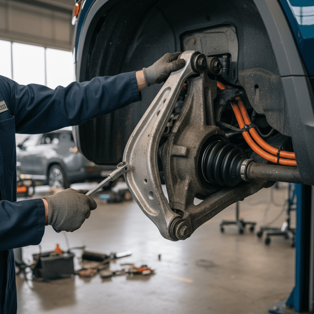 Technician inspecting the front suspension control arm and steering knuckle of a Rivian R1S during recall service