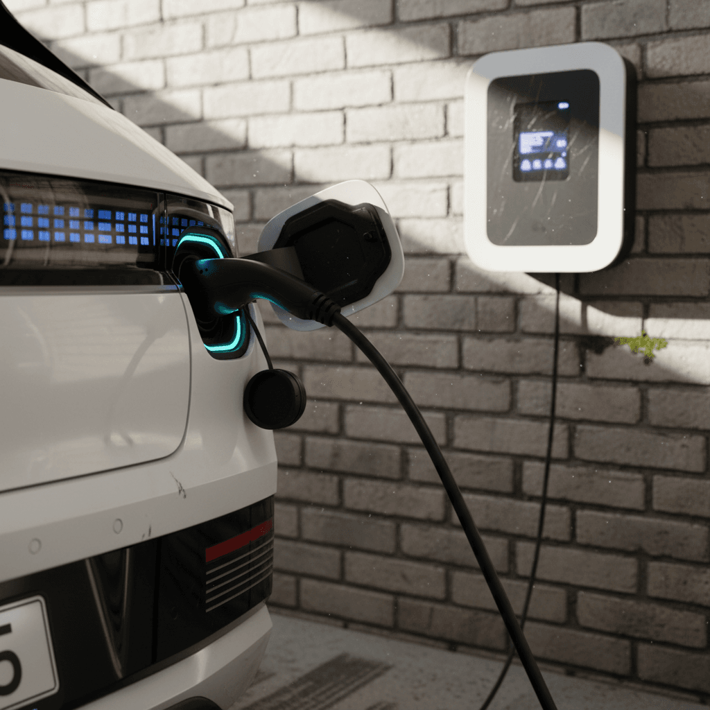 Hyundai Ioniq 5 plugged into a home wallbox charger in a modern driveway