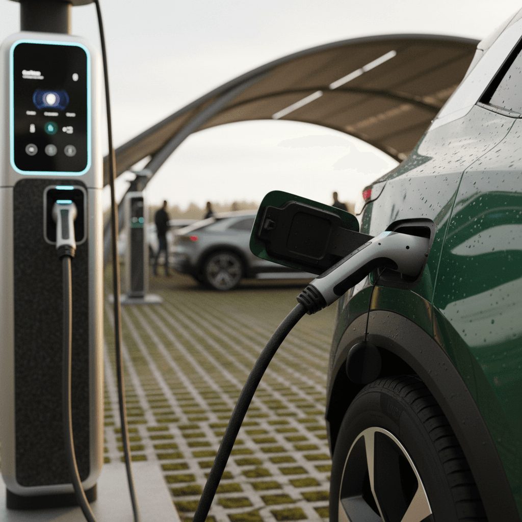 Modern electric crossover SUV plugged into a public charging station