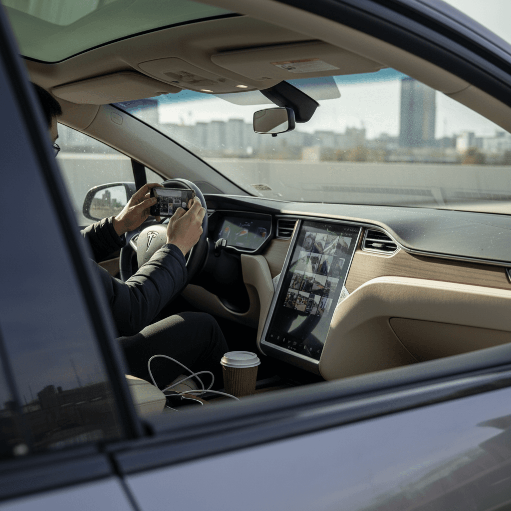 Owner photographing the interior of a 2020 Tesla Model X with a smartphone to prepare an online listing
