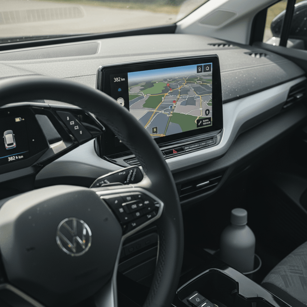 Interior of a 2023 Volkswagen ID.4 showing digital gauges and central touchscreen, systems powered on while the vehicle is parked